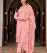 Pink Multy Thread Embroidery,Diamond Work Faux Georgette unstitched Long Length Kameez Pant party wear salwarsuit