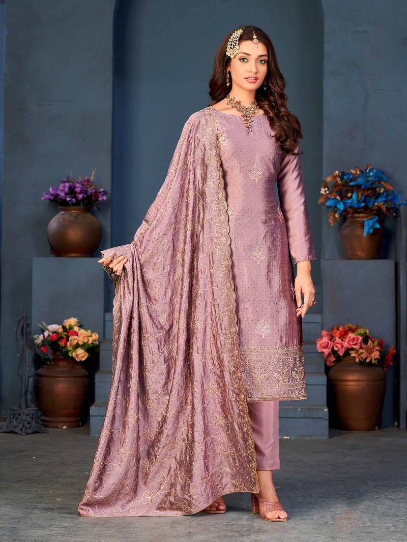 Purple Blooming Color,Designer Embroidery Work Vichitra Silk unstitched Long Length Kameez Pant party wear salwarsuit