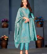 Sky Blue Blooming Color,Designer Embroidery Work Vichitra Silk unstitched Long Length Kameez Pant party wear salwarsuit
