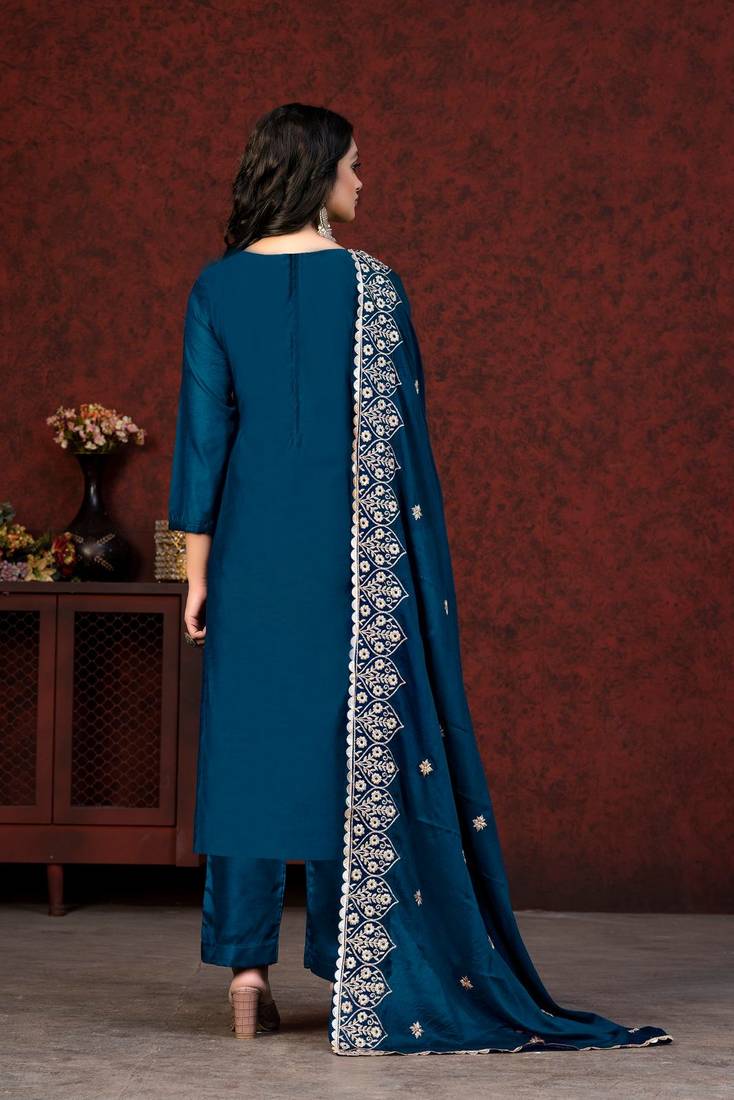 Embroidered Chanderi Unstitched Suit With Pant & Dupatta