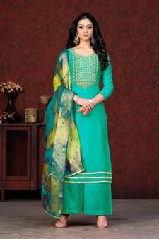 Sea Green Embroidery Work,Wevon Dupatta Modal Chanderi unstitched Long Length Kameez Pant party wear salwarsuit