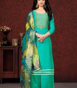 Sea Green Embroidery Work,Wevon Dupatta Modal Chanderi unstitched Long Length Kameez Pant party wear salwarsuit