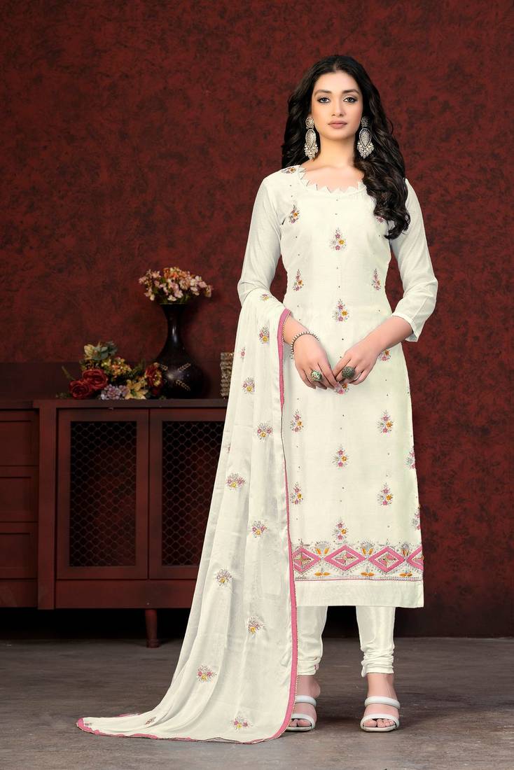 Trendy Designer Party Wear Readymade Salwar Suit White Viscose Chanderi Pant Straight