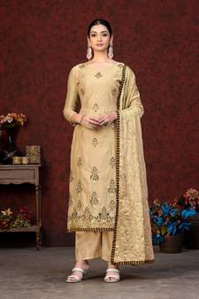 Beige Embroidery,Hand Work Modal Chanderi unstitched Long Length Kameez Pant party wear salwarsuit