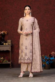 Peach Embroidery,Hand Work Modal Chanderi unstitched Long Length Kameez Pant party wear salwarsuit