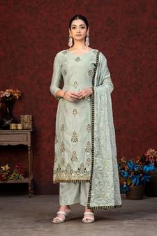 Grey Embroidery,Hand Work Modal Chanderi unstitched Long Length Kameez Pant party wear salwarsuit