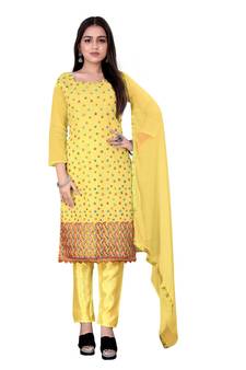 Yellow Designer Embroidery Work Chanderi Cotton unstitched Long Length Kameez Pant party wear salwarsuit