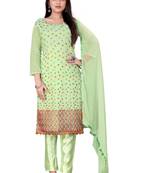 Pista Designer Embroidery Work Chanderi Cotton unstitched Long Length Kameez Pant party wear salwarsuit