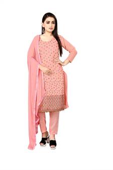 Pink Designer Embroidery Work Chanderi Cotton unstitched Long Length Kameez Pant party wear salwarsuit