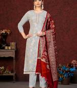 Grey Wevon Jacquard Designer Banarasi Silk unstitched Long Length Kameez Pant party wear salwarsuit