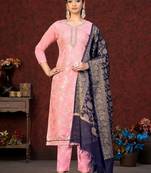Pink Wevon Jacquard Designer Banarasi Silk unstitched Long Length Kameez Pant party wear salwarsuit