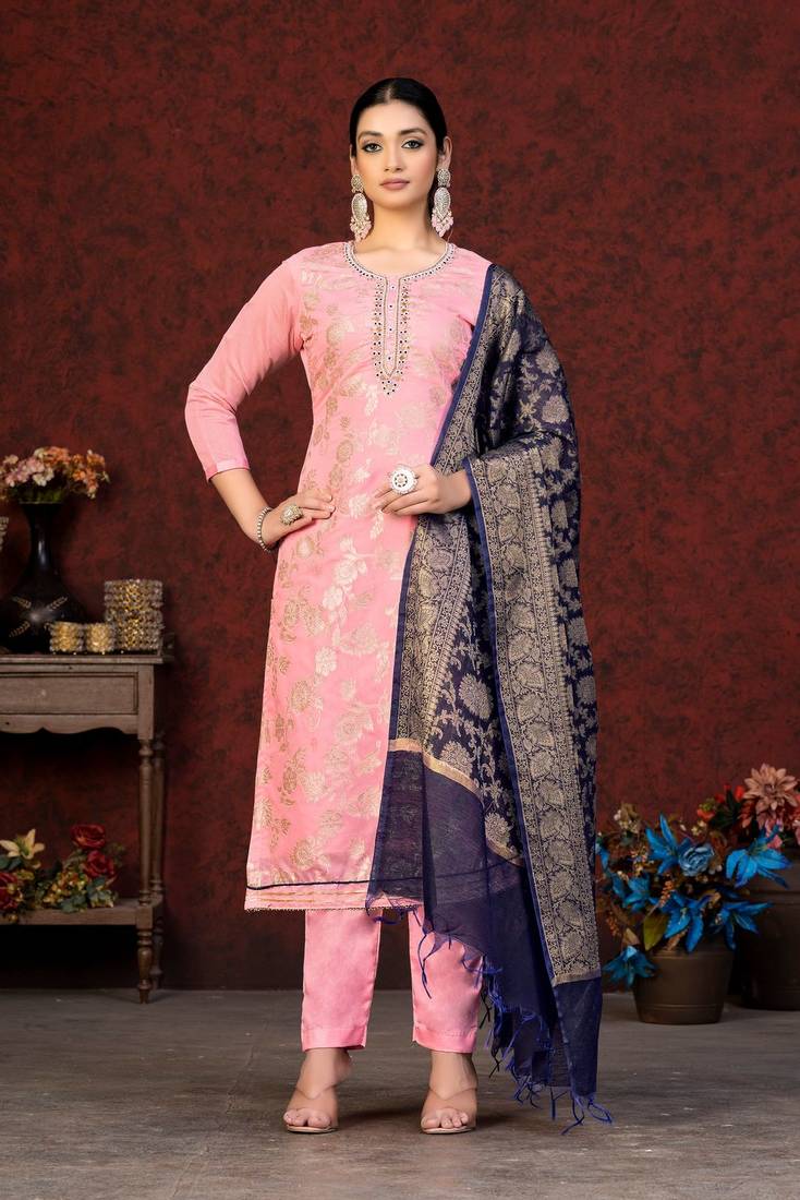 Pink Wevon Jacquard Designer Banarasi Silk unstitched Long Length Kameez Pant party wear salwarsuit