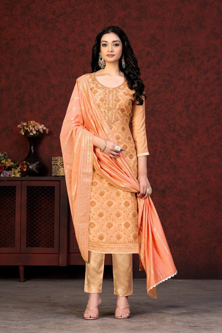 Peach Printed,Hand Work Modal Silk unstitched Long Length Kameez Pant party wear salwarsuit
