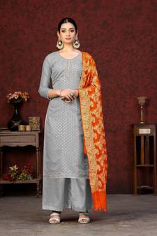Grey Wevon Jacquard Designer Banarasi Silk unstitched Long Length Kameez Pant party wear salwarsuit