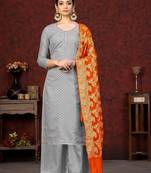 Grey Wevon Jacquard Designer Banarasi Silk unstitched Long Length Kameez Pant party wear salwarsuit