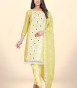 Yellow Designer Embroidery Work Organza unstitched Long Length Kameez Pant party wear salwarsuit