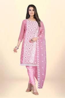 Pink Designer Embroidery Work Organza unstitched Long Length Kameez Pant party wear salwarsuit