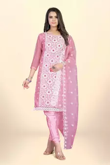 Pink Designer Embroidery Work Organza unstitched Long Length Kameez Pant party wear salwarsuit