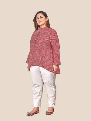 Stylish geometric print ladies long sleeves top-Maroon 1