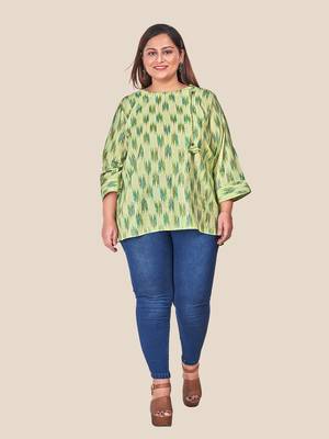 Stylish  modal  chanderi foil print ladies top with tassles-Green 1