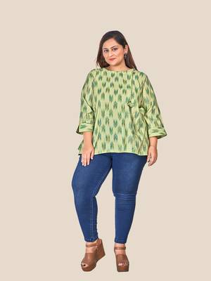 Stylish  modal  chanderi foil print ladies top with tassles-Green 2
