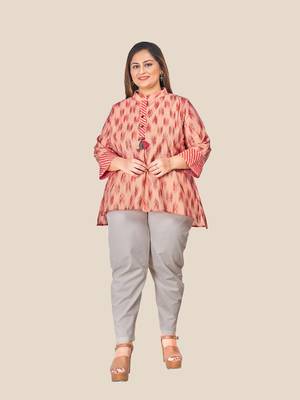 Stylish  modal  chanderi foil print ladies top with tassles-Peach 1