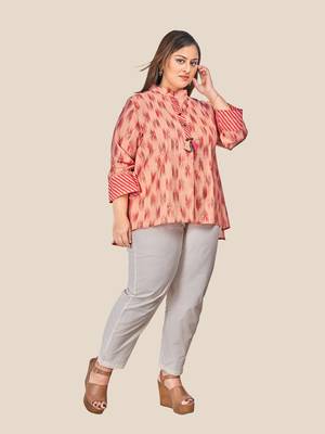 Stylish  modal  chanderi foil print ladies top with tassles-Peach 2