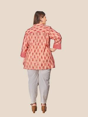 Stylish  modal  chanderi foil print ladies top with tassles-Peach 3
