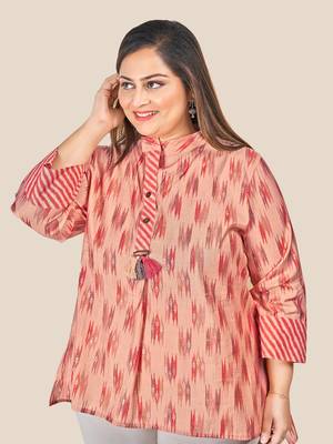Stylish  modal  chanderi foil print ladies top with tassles-Peach 4