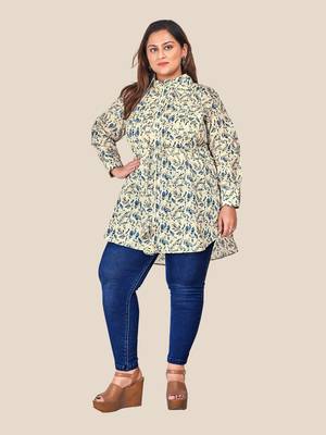 Stylish ladies modal chanderi floral print long  top with tassles- Blue 1