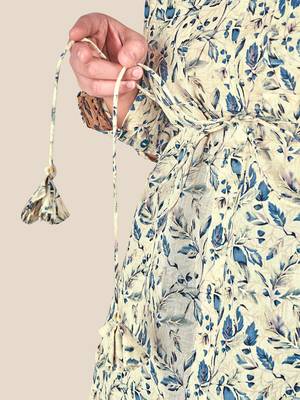 Stylish ladies modal chanderi floral print long  top with tassles- Blue 4