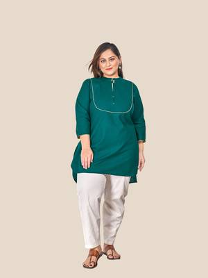 Stylish ladies long top with yoke & lacework- Blue 2