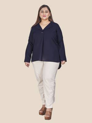 Stylish ladies notch collar high low  top-Navy Blue 1