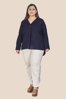 Stylish ladies notch collar high low  top-Navy Blue