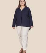 Stylish ladies notch collar high low  top-Navy Blue