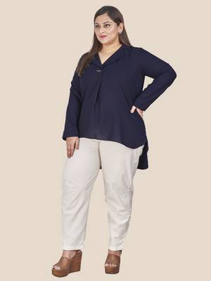 Stylish ladies notch collar high low  top-Navy Blue 2