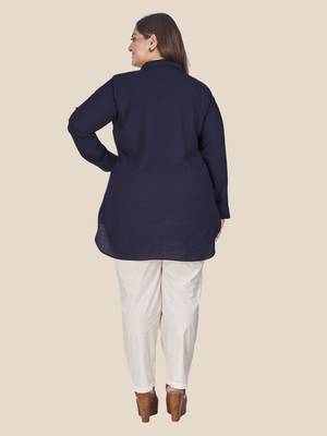 Stylish ladies notch collar high low  top-Navy Blue 3
