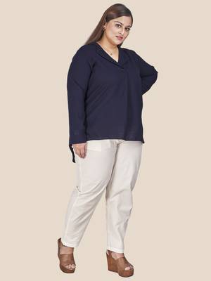 Stylish ladies notch collar high low  top-Navy Blue 4