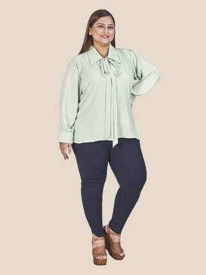Stylish ladies shirt collar tie top with bishop sleeves- Sea Green 1
