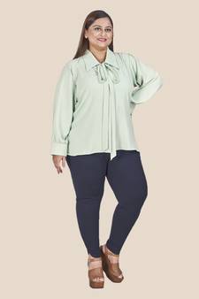 Stylish ladies shirt collar tie top with bishop sleeves- Sea Green