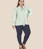 Stylish ladies shirt collar tie top with bishop sleeves- Sea Green