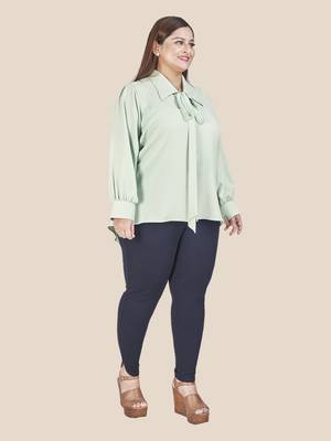 Stylish ladies shirt collar tie top with bishop sleeves- Sea Green 2