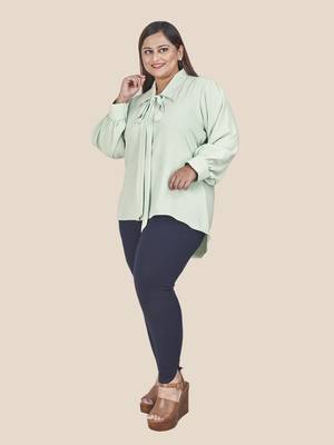 Stylish ladies shirt collar tie top with bishop sleeves- Sea Green 3