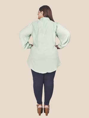 Stylish ladies shirt collar tie top with bishop sleeves- Sea Green 4