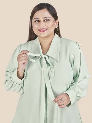 Stylish ladies shirt collar tie top with bishop sleeves- Sea Green 5