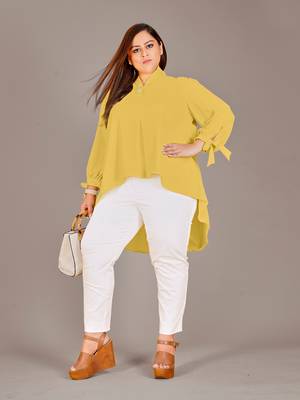 Stylish ladies high low top with tie up sleeve -Yellow 1