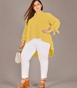 Stylish ladies high low top with tie up sleeve -Yellow