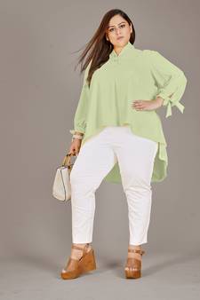 Stylish ladies high low top with tie up sleeve -Green