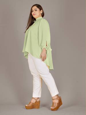 Stylish ladies high low top with tie up sleeve -Green 2