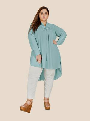 Stylish ladies pleated tie collar high low top  -Sky Blue 1